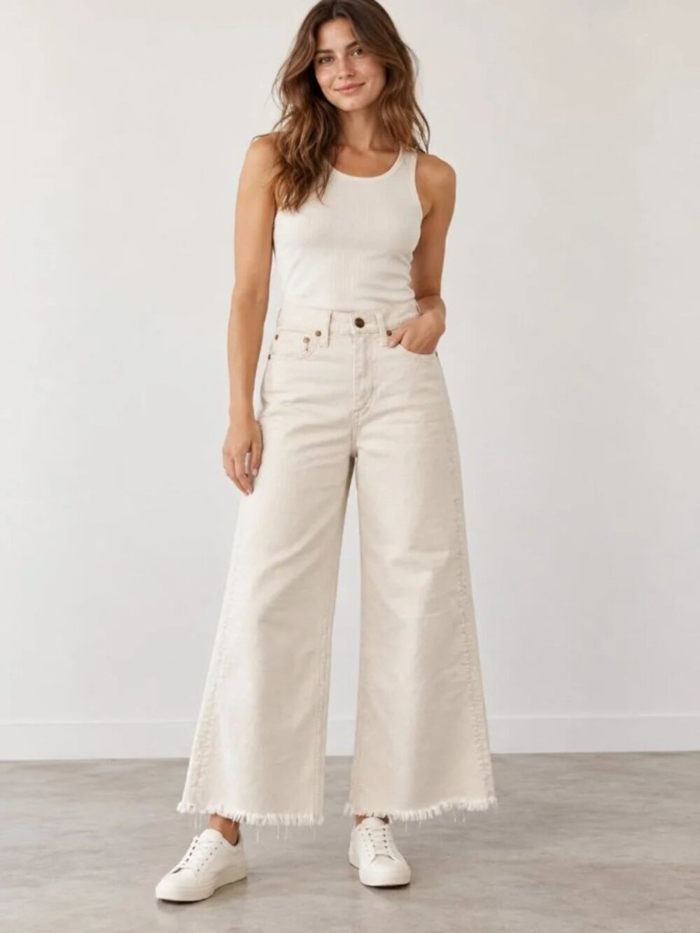 AYR The Must Wide Leg Jeans Raw Hem Driftwood Cream Size 24 Long NWOT